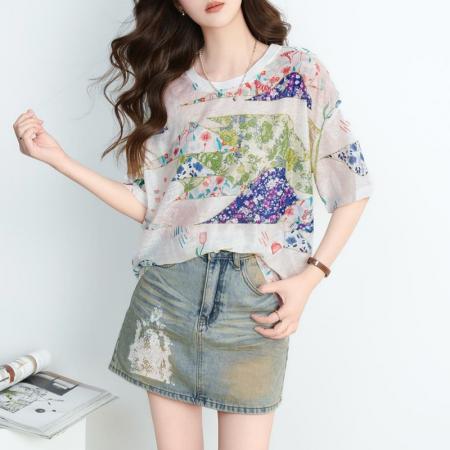 BY19503# 短袖圆领印花T恤女夏季旅游日韩版外贸时尚百搭上衣女 服裝批發女裝批發服飾貨源