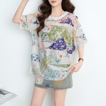 BY19503# 短袖圆领印花T恤女夏季旅游日韩版外贸时尚百搭上衣女 服裝批發女裝批發服飾貨源