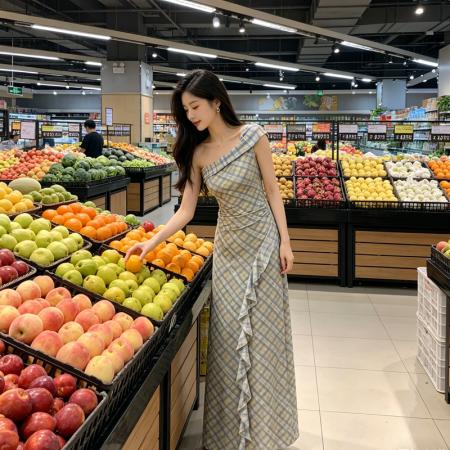 BY19513# 法式复古斜领露肩连衣裙女夏新款高级设计感收腰显瘦格纹长裙 服裝批發女裝批發服飾貨源