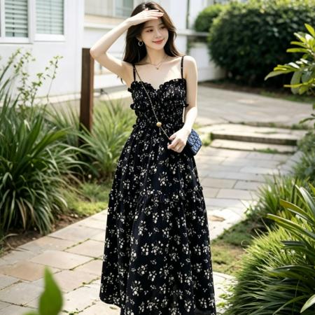 BY19514# 温柔风茶歇法式黑色碎花吊带连衣裙外搭裙子早春新款开叉长裙 服裝批發女裝批發服飾貨源