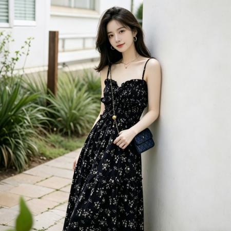 BY19514# 温柔风茶歇法式黑色碎花吊带连衣裙外搭裙子早春新款开叉长裙 服裝批發女裝批發服飾貨源