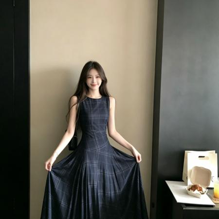 BY19516# 新款夏季格调的艺术感复古感格纹网纱连衣裙女垂感气质长裙潮 服裝批發女裝批發服飾貨源