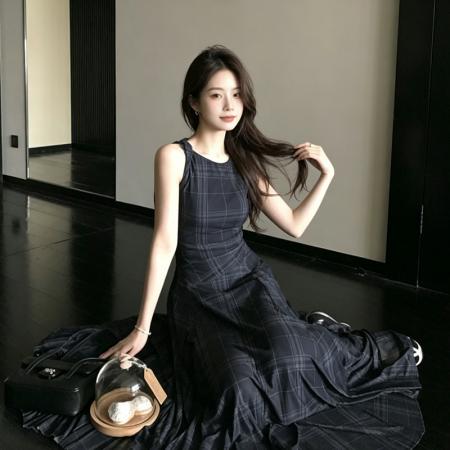 BY19516# 新款夏季格调的艺术感复古感格纹网纱连衣裙女垂感气质长裙潮 服裝批發女裝批發服飾貨源