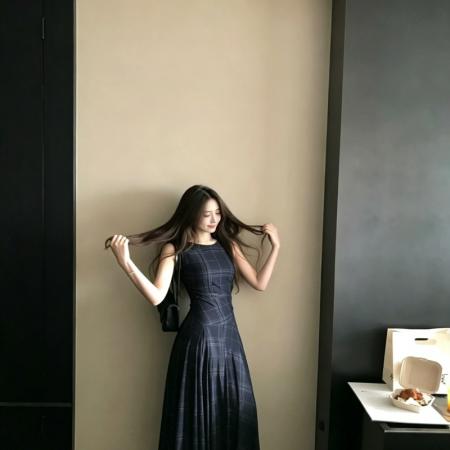 BY19516# 新款夏季格调的艺术感复古感格纹网纱连衣裙女垂感气质长裙潮 服裝批發女裝批發服飾貨源