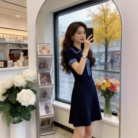 BY19524# 法式复古POLO领连衣裙女春夏新款设计感短袖显瘦气质针织裙女 服裝批發女裝批發服飾貨源