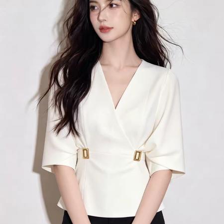 BY19551# 法式小资别致上衣女夏季气质轻奢高端通勤百搭收腰蝙蝠袖白色衬衫 服裝批發女裝批發服飾貨源