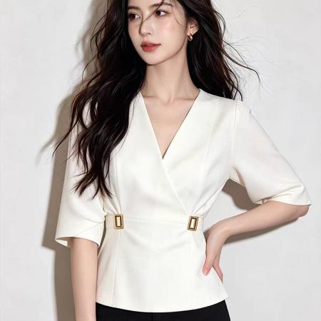 BY19551# 法式小资别致上衣女夏季气质轻奢高端通勤百搭收腰蝙蝠袖白色衬衫 服裝批發女裝批發服飾貨源