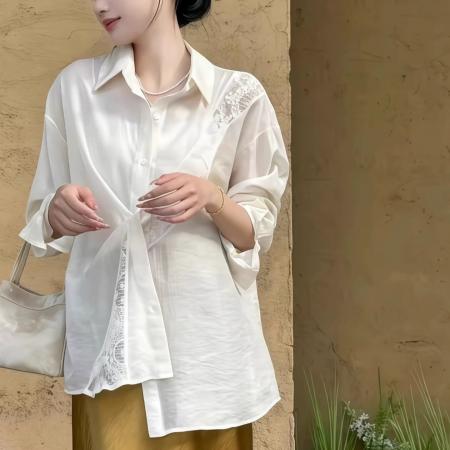 BY19552# 法式气质白色防晒衬衫女春夏新款设计感小众拼接蕾丝小衫上衣 服裝批發女裝批發服飾貨源