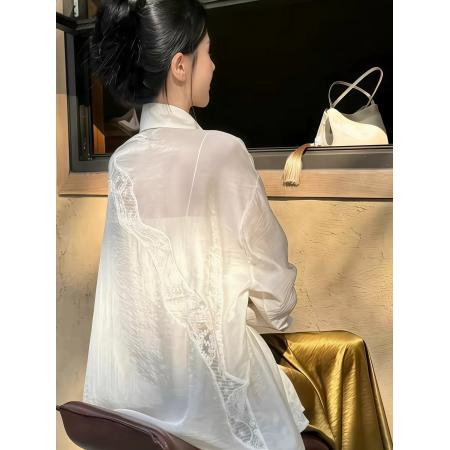 BY19552# 法式气质白色防晒衬衫女春夏新款设计感小众拼接蕾丝小衫上衣 服裝批發女裝批發服飾貨源