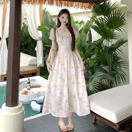 BY19559# 夏季大码胖mm泡泡袖碎花连衣裙女甜美小个子温柔风仙女裙子 服裝批發女裝批發服飾貨源