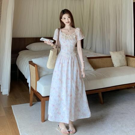 BY19559# 夏季大码胖mm泡泡袖碎花连衣裙女甜美小个子温柔风仙女裙子 服裝批發女裝批發服飾貨源