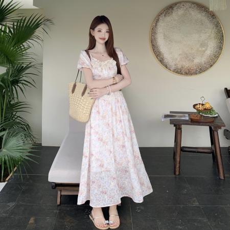 BY19559# 夏季大码胖mm泡泡袖碎花连衣裙女甜美小个子温柔风仙女裙子 服裝批發女裝批發服飾貨源