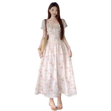 BY19559# 夏季大码胖mm泡泡袖碎花连衣裙女甜美小个子温柔风仙女裙子 服裝批發女裝批發服飾貨源