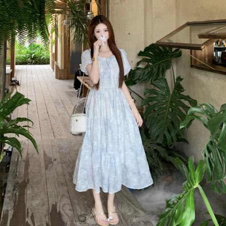 BY19560# 夏季新款法式天丝碎花连衣裙收腰短袖印花长裙大码女装 服裝批發女裝批發服飾貨源