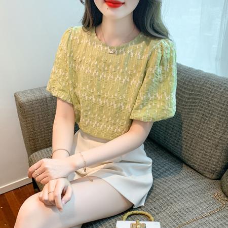 BY19563# 夏新款小清新圆领泡泡短袖绣花上衣衬衫女 服裝批發女裝批發服飾貨源