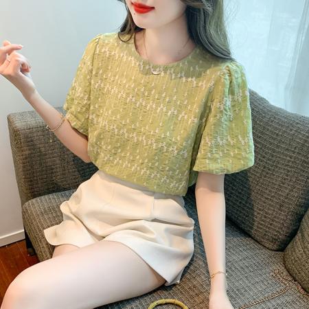 BY19563# 夏新款小清新圆领泡泡短袖绣花上衣衬衫女 服裝批發女裝批發服飾貨源