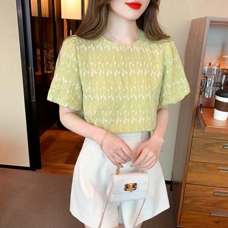 BY19563# 夏新款小清新圆领泡泡短袖绣花上衣衬衫女 服裝批發女裝批發服飾貨源