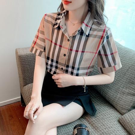 BY19564# 夏季新款纯棉格子衬衫女长袖英伦韩范社会修身上衣女士 服裝批發女裝批發服飾貨源