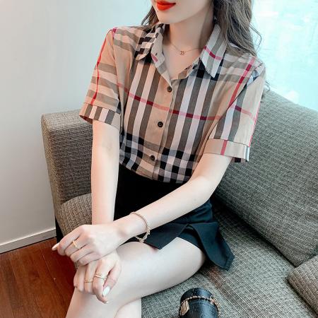 BY19564# 夏季新款纯棉格子衬衫女长袖英伦韩范社会修身上衣女士 服裝批發女裝批發服飾貨源