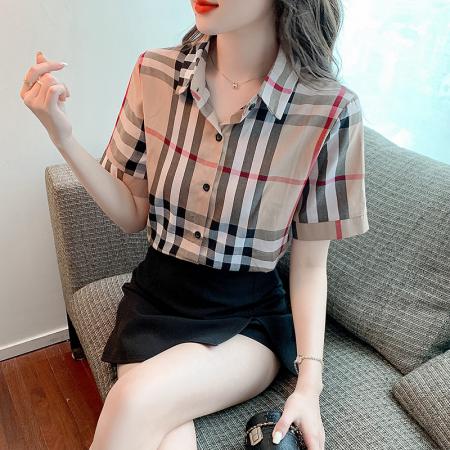 BY19564# 夏季新款纯棉格子衬衫女长袖英伦韩范社会修身上衣女士 服裝批發女裝批發服飾貨源