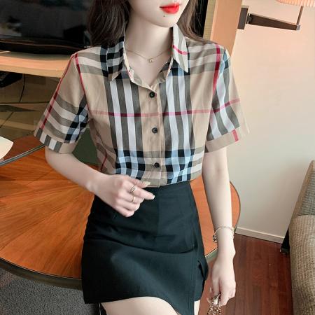 BY19564# 夏季新款纯棉格子衬衫女长袖英伦韩范社会修身上衣女士 服裝批發女裝批發服飾貨源