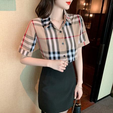 BY19564# 夏季新款纯棉格子衬衫女长袖英伦韩范社会修身上衣女士 服裝批發女裝批發服飾貨源
