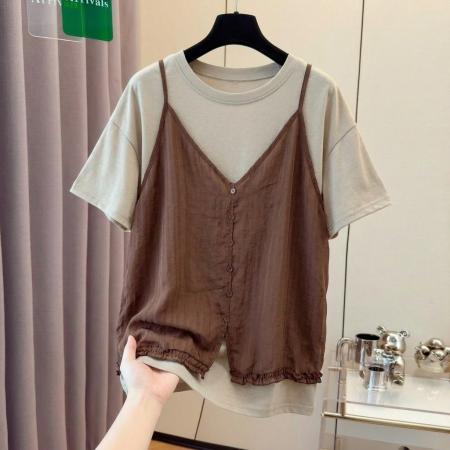 BY19566# 大码女装胖mm吊带背心T恤女夏季新款显瘦遮肚两件套装 服裝批發女裝批發服飾貨源