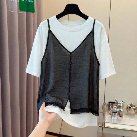 BY19566# 大码女装胖mm吊带背心T恤女夏季新款显瘦遮肚两件套装 服裝批發女裝批發服飾貨源