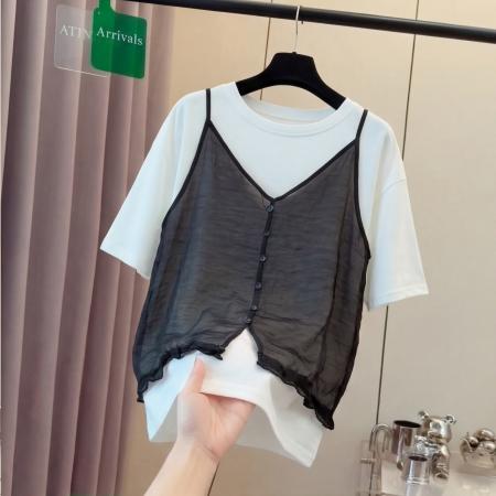 BY19566# 大码女装胖mm吊带背心T恤女夏季新款显瘦遮肚两件套装 服裝批發女裝批發服飾貨源