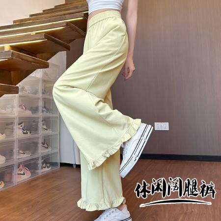 BY19574# 夏季新款木耳边裤脚冰丝阔腿裤高腰百搭九分女裤修身显瘦休闲裤 服裝批發女裝批發服飾貨源