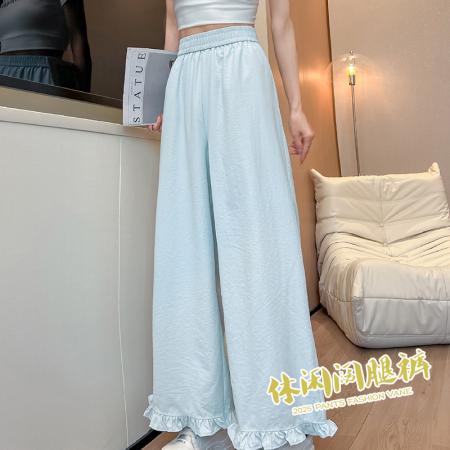 BY19574# 夏季新款木耳边裤脚冰丝阔腿裤高腰百搭九分女裤修身显瘦休闲裤 服裝批發女裝批發服飾貨源