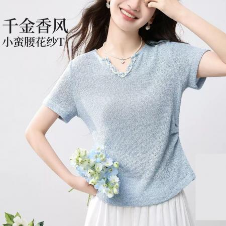 BY19577# 小个子小香风织带拼接短袖T恤女夏季新款收腰显瘦V领上衣女针织衫 服裝批發女裝批發服飾貨源