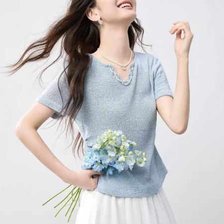 BY19577# 小个子小香风织带拼接短袖T恤女夏季新款收腰显瘦V领上衣女针织衫 服裝批發女裝批發服飾貨源