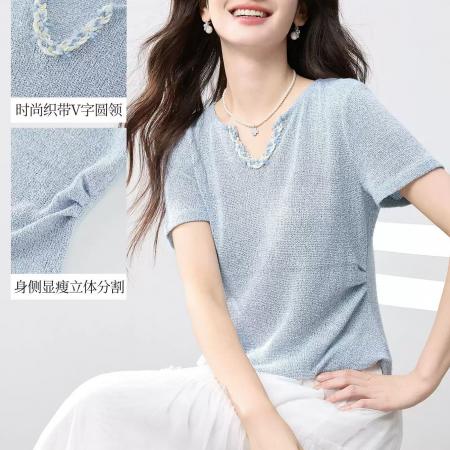 BY19577# 小个子小香风织带拼接短袖T恤女夏季新款收腰显瘦V领上衣女针织衫 服裝批發女裝批發服飾貨源