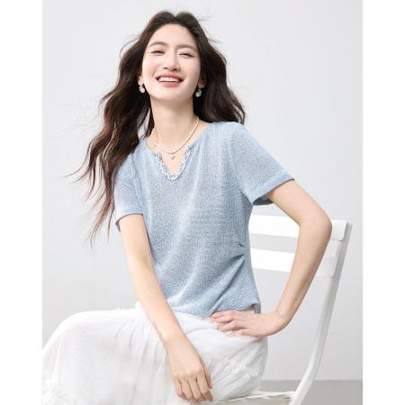 BY19577# 小个子小香风织带拼接短袖T恤女夏季新款收腰显瘦V领上衣女针织衫 服裝批發女裝批發服飾貨源