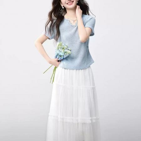 BY19577# 小个子小香风织带拼接短袖T恤女夏季新款收腰显瘦V领上衣女针织衫 服裝批發女裝批發服飾貨源