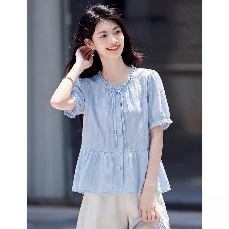 BY19579# 优雅气质木耳领短袖衬衫女26夏季新款时尚拼接下摆遮肚显瘦小衫 服裝批發女裝批發服飾貨源