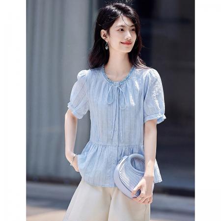 BY19579# 优雅气质木耳领短袖衬衫女26夏季新款时尚拼接下摆遮肚显瘦小衫 服裝批發女裝批發服飾貨源