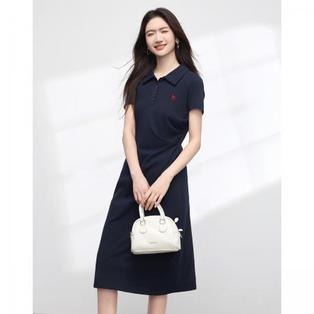 BY19580# 闲适日常夏季新款通勤单侧扭结收腰刺绣小蛮腰polo裙 服裝批發女裝批發服飾貨源
