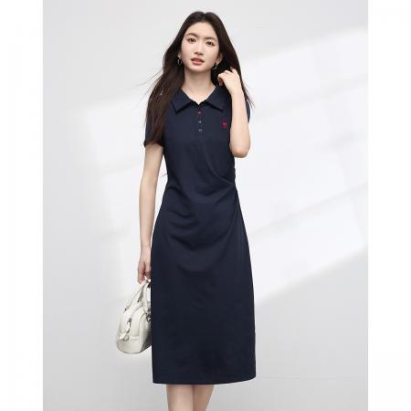 BY19580# 闲适日常夏季新款通勤单侧扭结收腰刺绣小蛮腰polo裙 服裝批發女裝批發服飾貨源