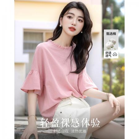 BY19581# 自然亲肤夏季法式花边圆领荷叶袖衬衫宽松小个子衬衣女装上衣 服裝批發女裝批發服飾貨源