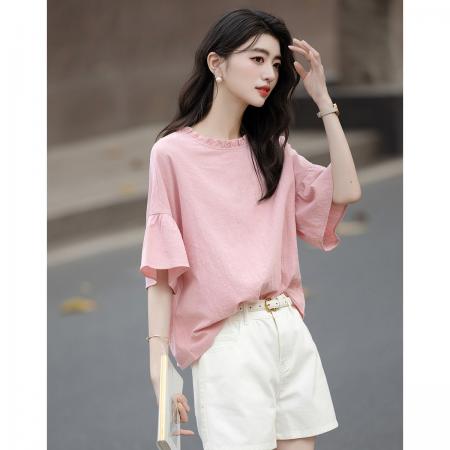 BY19581# 自然亲肤夏季法式花边圆领荷叶袖衬衫宽松小个子衬衣女装上衣 服裝批發女裝批發服飾貨源