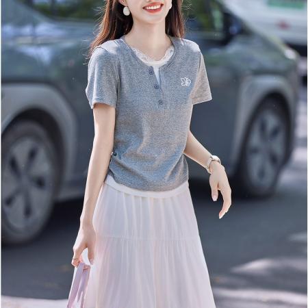 BY19583# 短款蕾丝领短袖拼接T恤夏季新款修身显瘦百搭刺绣上衣小个子 服裝批發女裝批發服飾貨源