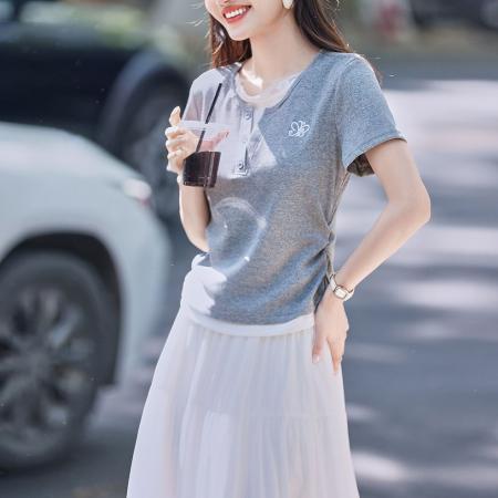 BY19583# 短款蕾丝领短袖拼接T恤夏季新款修身显瘦百搭刺绣上衣小个子 服裝批發女裝批發服飾貨源