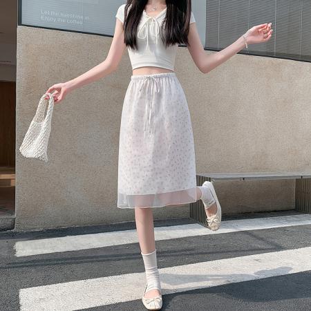 BY19585# 韩系网纱碎花半身裙女夏季高腰a字裙气质中裙 服裝批發女裝批發服飾貨源