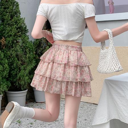 BY19586# 雪纺碎花蛋糕裙百褶裙荷叶蓬蓬a字半身裙女 服裝批發女裝批發服飾貨源