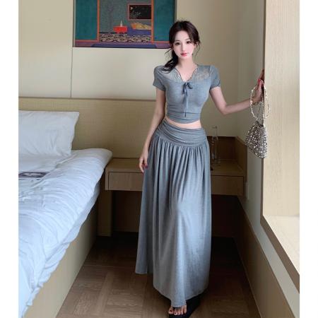 BY19607# 温柔韩系风蕾丝拼接绑带上衣A字裙两件套女夏季显瘦气质套装 服裝批發女裝批發服飾貨源