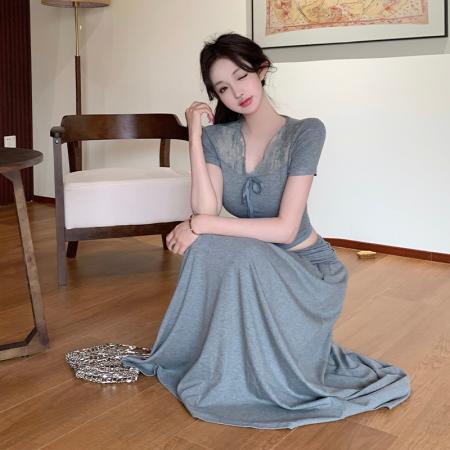 BY19607# 温柔韩系风蕾丝拼接绑带上衣A字裙两件套女夏季显瘦气质套装 服裝批發女裝批發服飾貨源