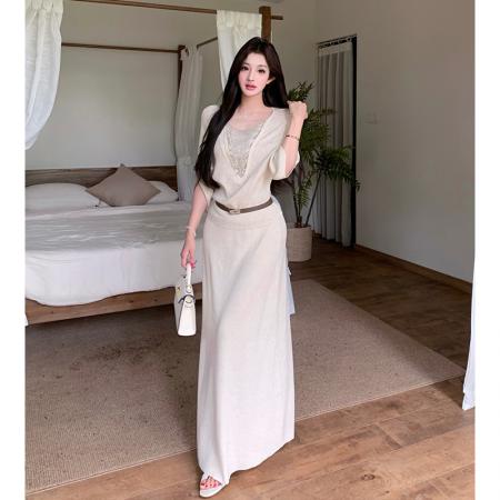BY19608# 时尚慵懒风V领针织衫高腰显瘦半身裙套装女夏季新两件套 服裝批發女裝批發服飾貨源