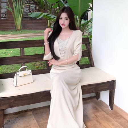 BY19608# 时尚慵懒风V领针织衫高腰显瘦半身裙套装女夏季新两件套 服裝批發女裝批發服飾貨源